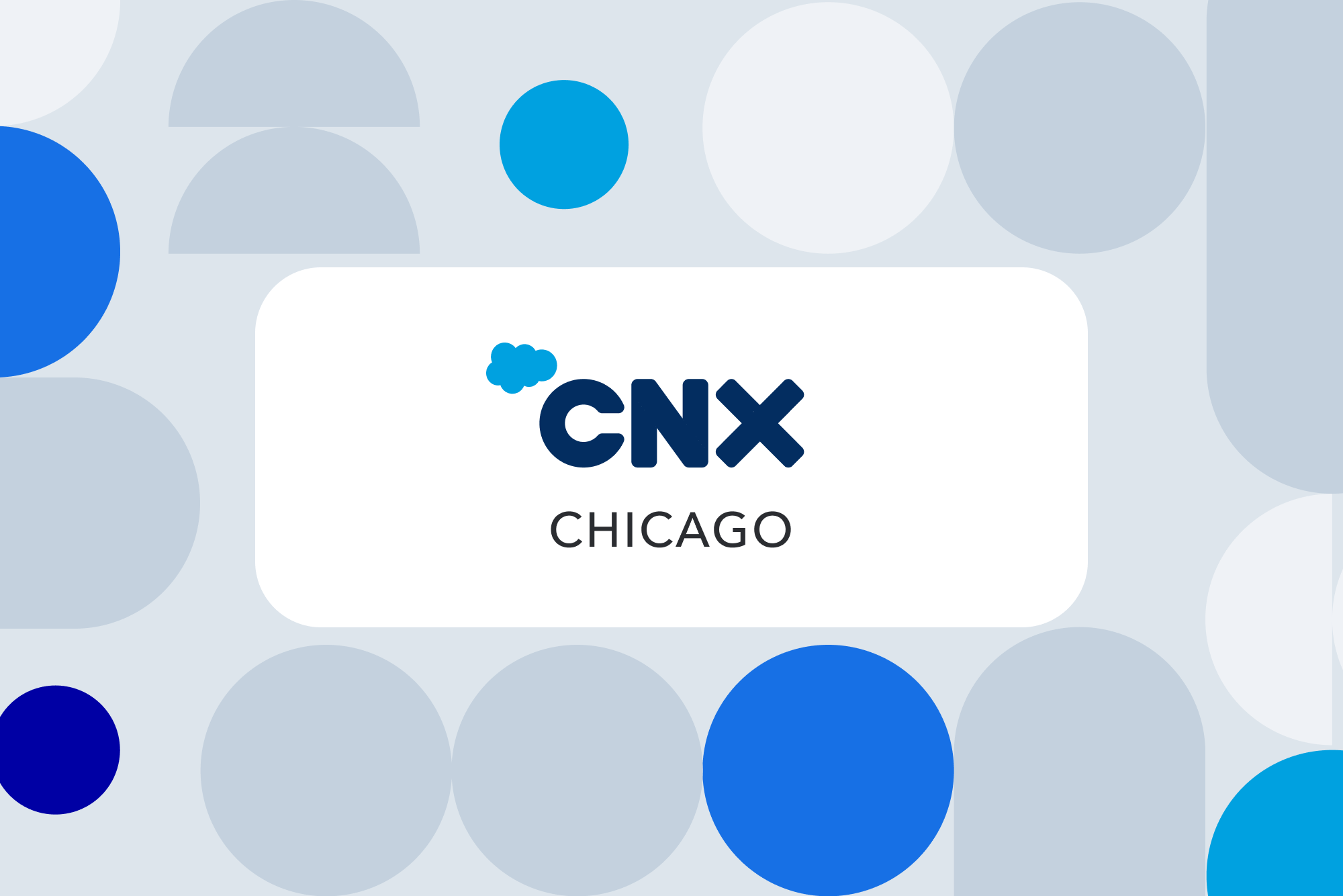 CNX Chicago logo with navy blue text and small cloud icon, surrounded by decorative circles in blue and gray shades